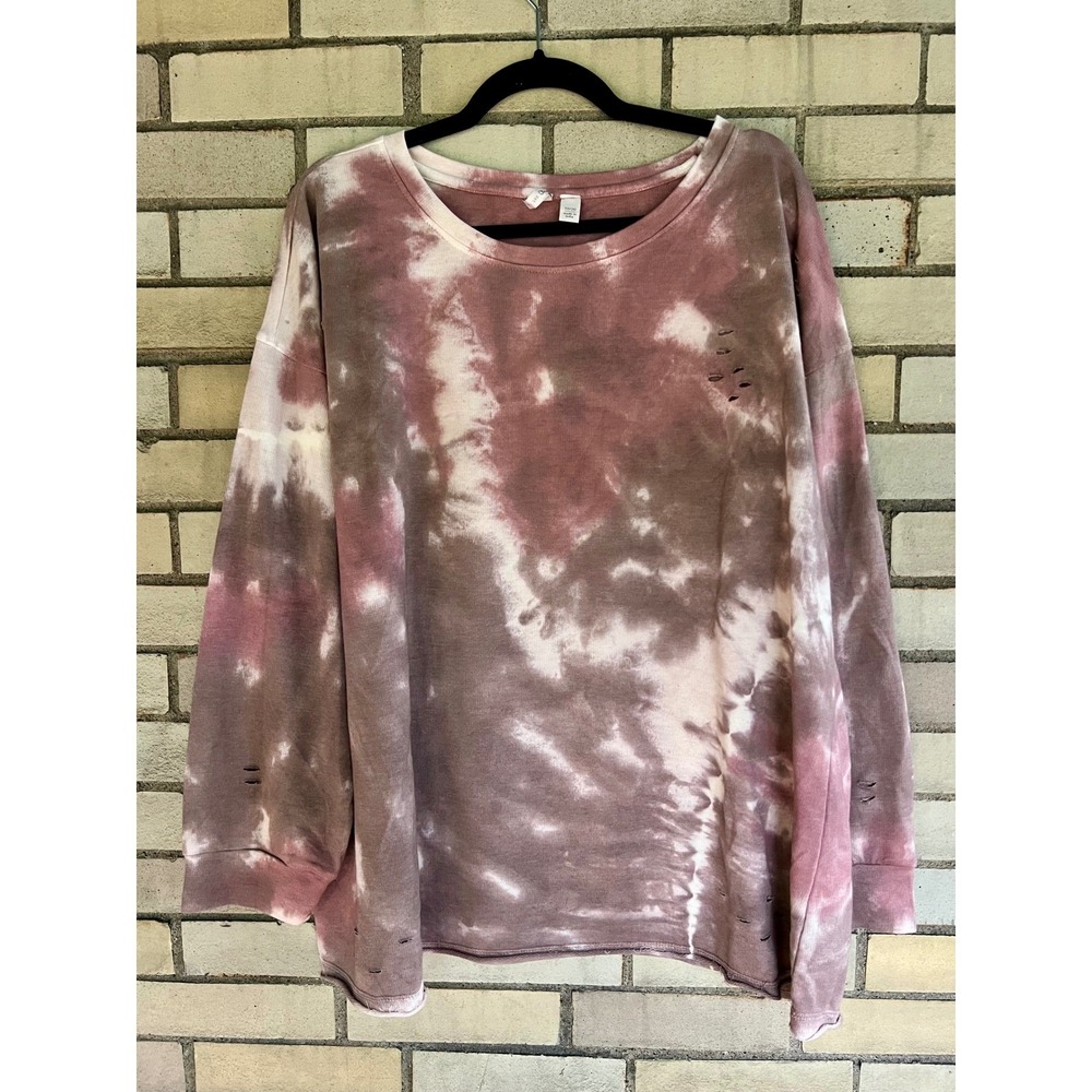 Cato Pink Brown Tie Dye Distressed Rolled Hem Sweatshirt Size 18/20 2X